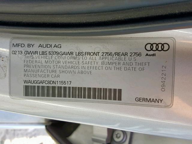 WAUGGAFC8DN115517 - 2013 AUDI A6 PREMIUM SILVER photo 10