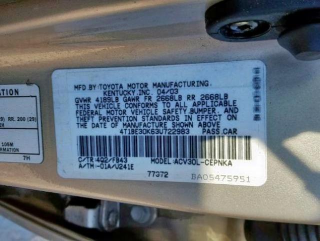 4T1BE30K63U722983 - 2003 TOYOTA CAMRY LE GOLD photo 10