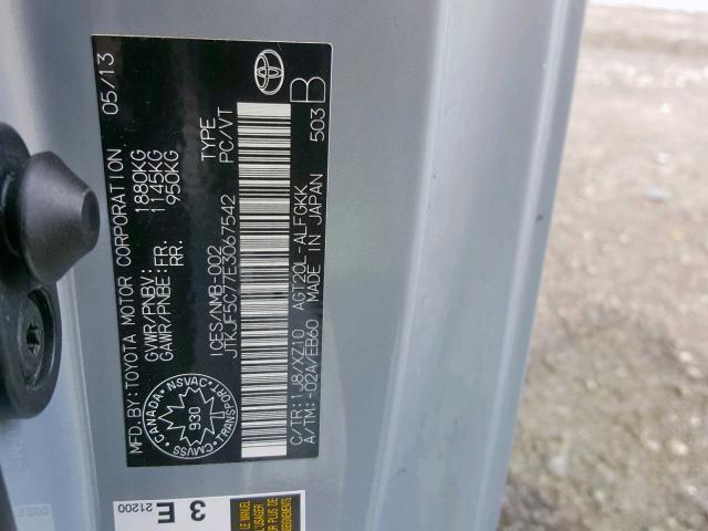 JTKJF5C77E3067542 - 2014 TOYOTA SCION TC ვერცხლისფერი ფოტო 10