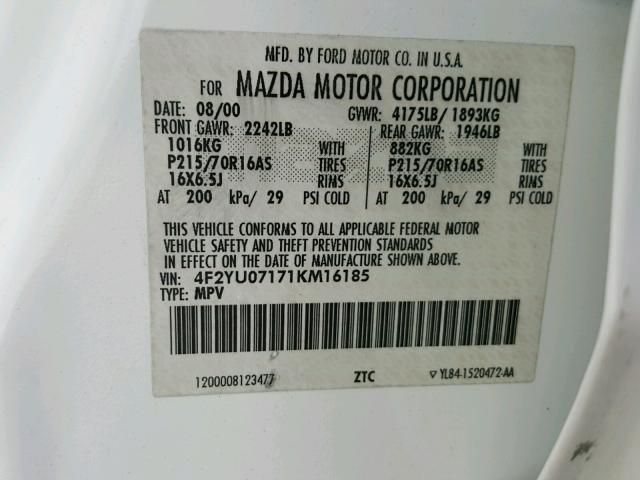 4F2YU07171KM16185 - 2001 MAZDA TRIBUTE DX 白色 照片 10