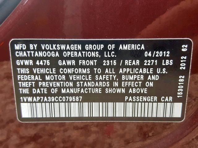 1VWAP7A39CC079587 - 2012 VOLKSWAGEN PASSAT S BURGUNDY photo 10