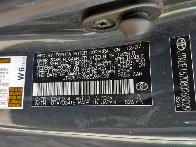 JTKDE167080268029 - 2008 TOYOTA SCION TC ნაცრისფერი ფოტო 10