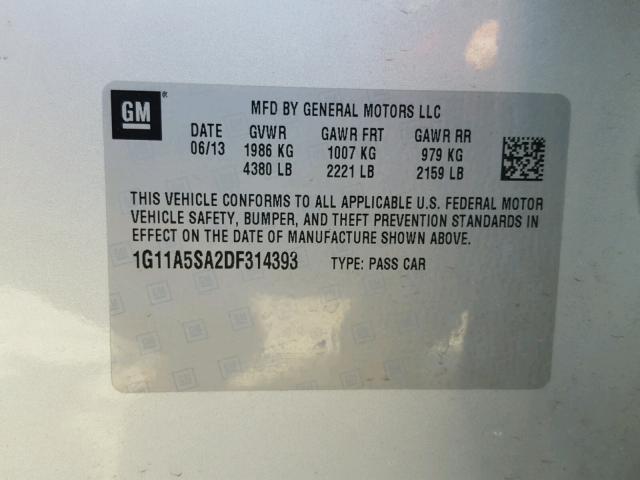 1G11A5SA2DF314393 - 2013 CHEVROLET MALIBU LS ვერცხლისფერი ფოტო 10