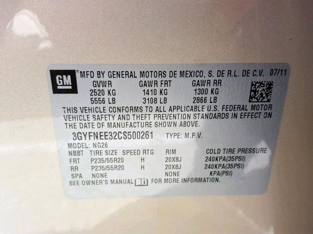 3GYFNEE32CS500261 - 2012 CADILLAC SRX PERFOR Bej foto 10