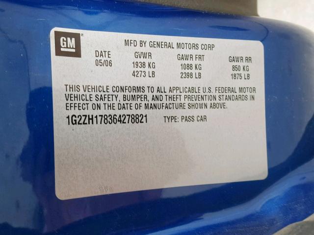 1G2ZH178364278821 - 2006 PONTIAC G6 GT BLUE photo 10