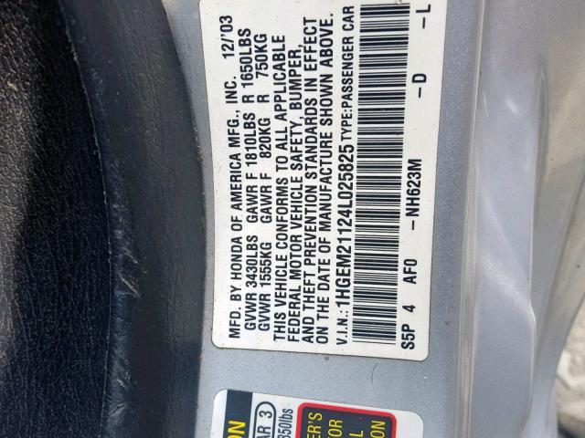 1HGEM21124L025825 - 2004 HONDA CIVIC DX V SILVER photo 10