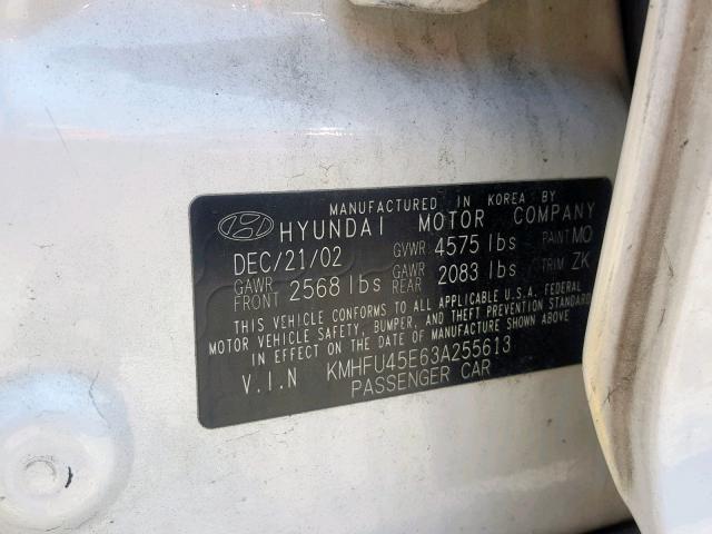 KMHFU45E63A255613 - 2003 HYUNDAI XG 350 WHITE photo 10