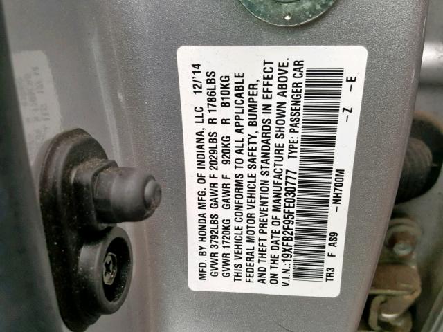 19XFB2F95FE030777 - 2015 HONDA CIVIC EXL 银色 照片 10