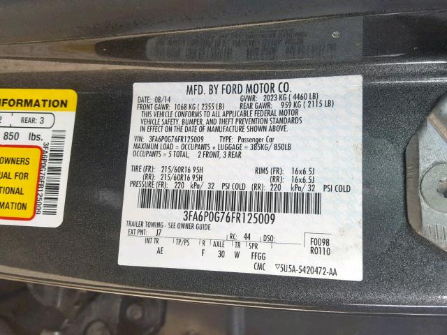 3FA6P0G76FR125009 - 2015 FORD FUSION S GRAY photo 10