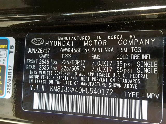 KM8J33A40HU540172 - 2017 HYUNDAI TUCSON LIM BLACK photo 10