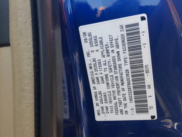 1HGCS22879A003928 - 2009 HONDA ACCORD EXL BLUE photo 10