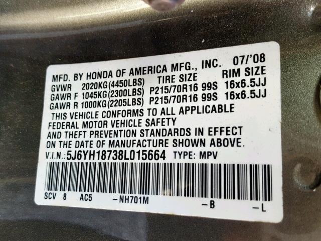 5J6YH18738L015664 - 2008 HONDA ELEMENT EX GRAY photo 10