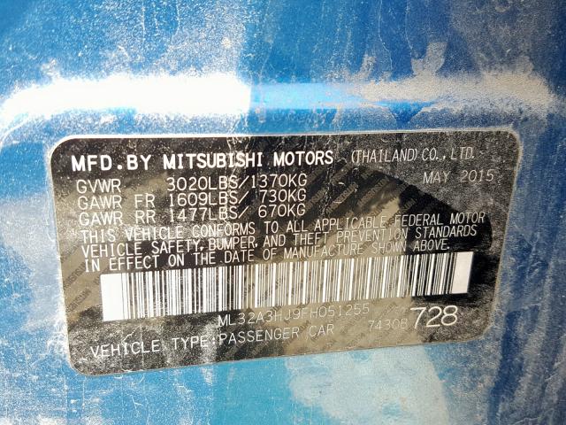 ML32A3HJ9FH051255 - 2015 MITSUBISHI MIRAGE DE BLUE photo 10