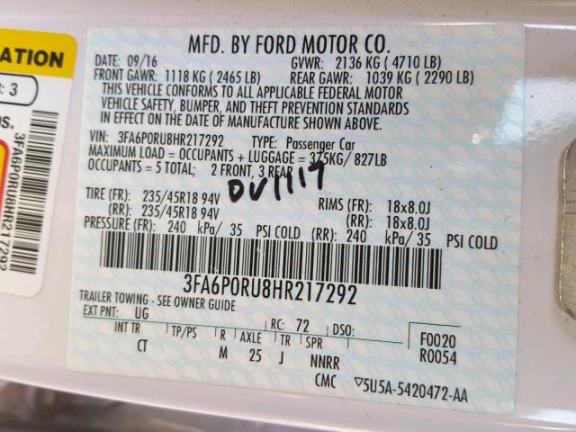 3FA6P0RU8HR217292 - 2017 FORD FUSION TIT WHITE photo 10