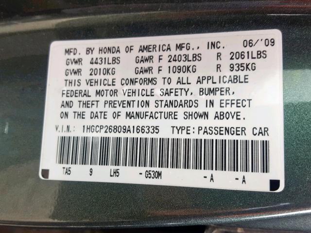 1HGCP26809A166335 - 2009 HONDA ACCORD EXL GREEN photo 10