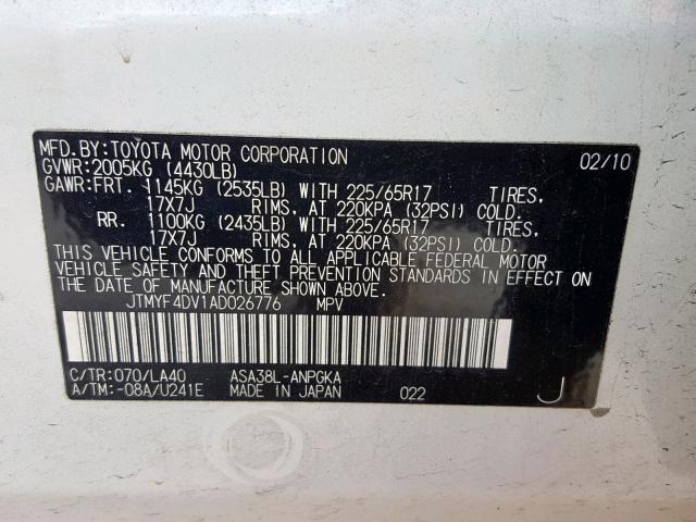 JTMYF4DV1AD026776 - 2010 TOYOTA RAV4 LIMIT WHITE photo 10