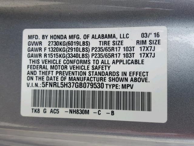 5FNRL5H37GB079530 - 2016 HONDA ODYSSEY SE SILVER photo 10