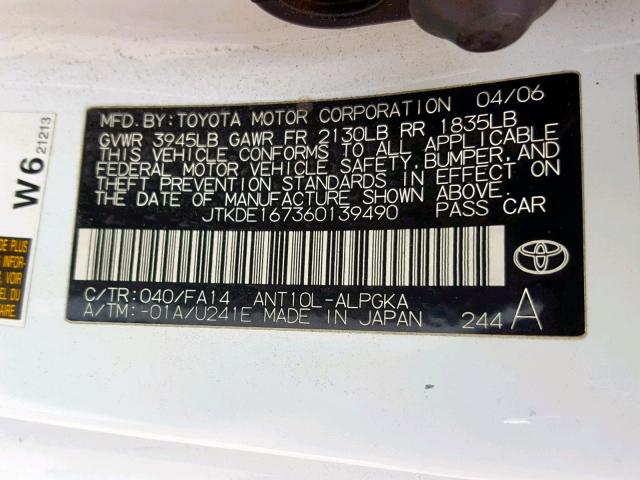 JTKDE167360139490 - 2006 TOYOTA SCION TC WHITE photo 10