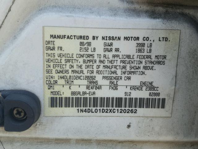 1N4DL01D2XC120262 - 1999 NISSAN ALTIMA XE WHITE photo 10