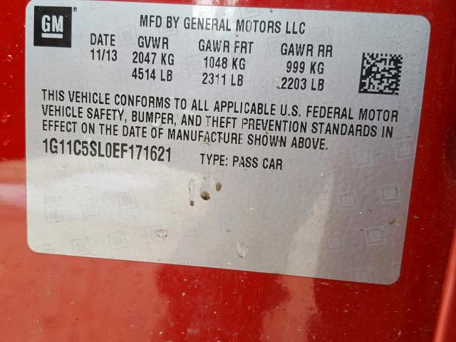 1G11C5SL0EF171621 - 2014 CHEVROLET MALIBU 1LT RED photo 10