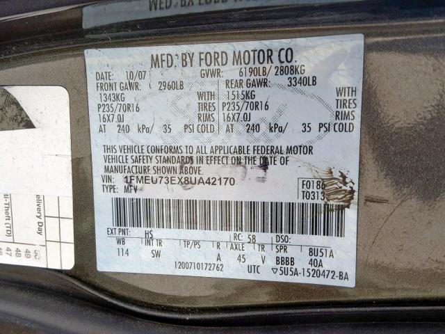 1FMEU73EX8UA42170 - 2008 FORD EXPLORER X BROWN photo 10