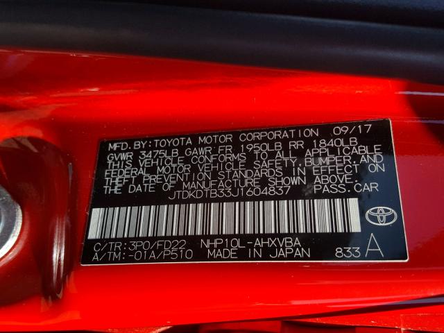 JTDKDTB33J1604837 - 2018 TOYOTA PRIUS C RED photo 10