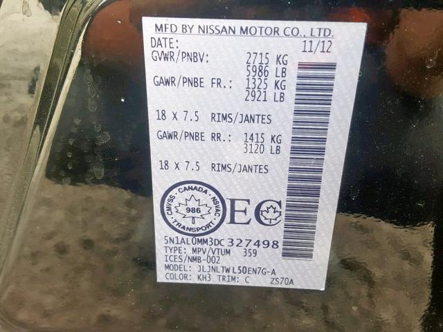 5N1AL0MM3DC327498 - 2013 INFINITI JX35 BLACK photo 10