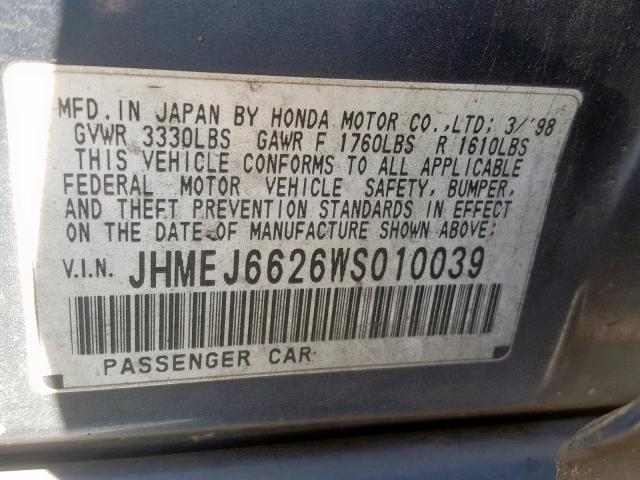 JHMEJ6626WS010039 - 1998 HONDA CIVIC DX BLUE photo 10