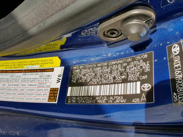 JTKDE167890281032 - 2009 TOYOTA SCION TC შავი ფოტო 10