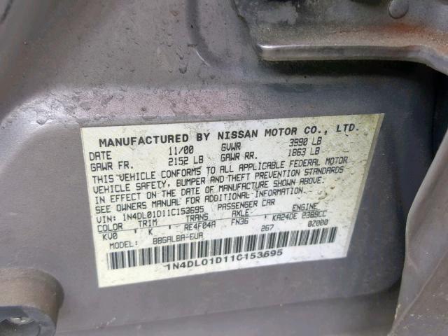 1N4DL01D11C153695 - 2001 NISSAN ALTIMA XE TAN photo 10