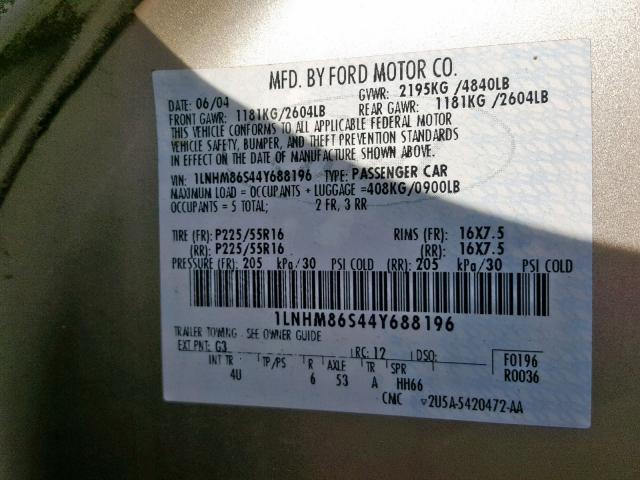 1LNHM86S44Y688196 - 2004 LINCOLN LS 棕色 照片 10