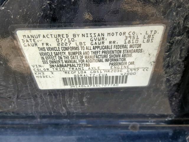 3N1AB6AP8AL727780 - 2010 NISSAN SENTRA 2.0 BLACK photo 10