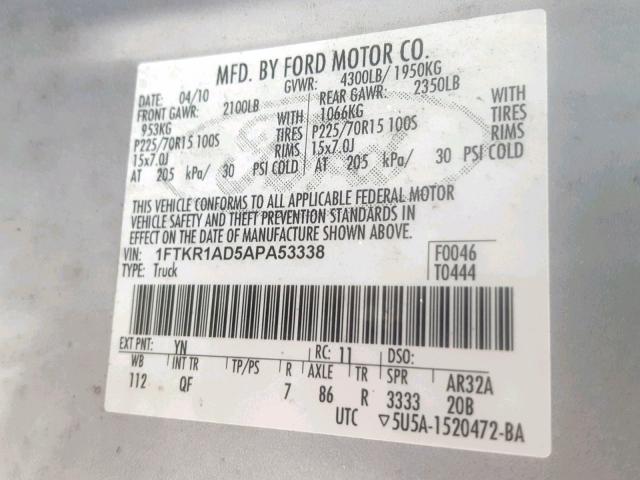 1FTKR1AD5APA53338 - 2010 FORD RANGER SILVER photo 10