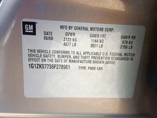 1G1ZK57738F278961 - 2008 CHEVROLET MALIBU LTZ 灰色 照片 10