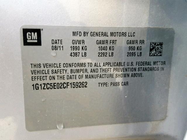1G1ZC5E02CF159262 - 2012 CHEVROLET MALIBU 1LT SILVER photo 10