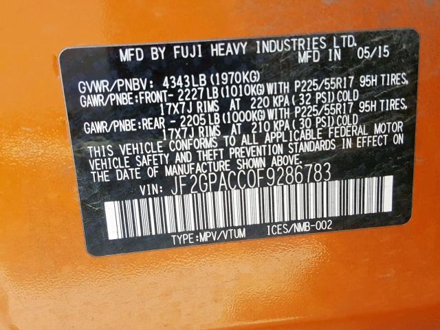 JF2GPACC0F9286783 - 2015 SUBARU XV CROSSTR ORANGE photo 10