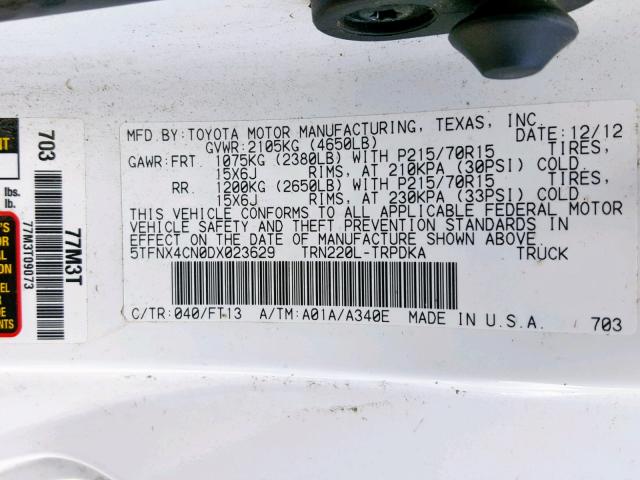 5TFNX4CN0DX023629 - 2013 TOYOTA TACOMA WHITE photo 10