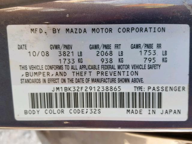 JM1BK32F291238865 - 2009 MAZDA 3 I GRAY photo 10