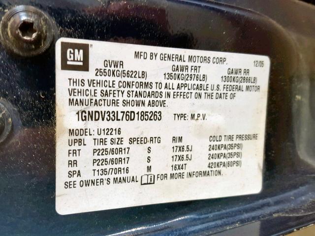 1GNDV33L76D185263 - 2006 CHEVROLET UPLANDER L 蓝色 照片 10