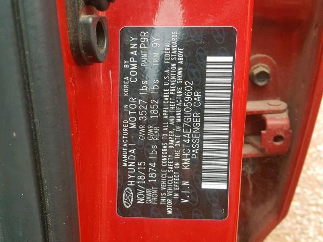 KMHCT4AE7GU059602 - 2016 HYUNDAI ACCENT SE RED photo 10