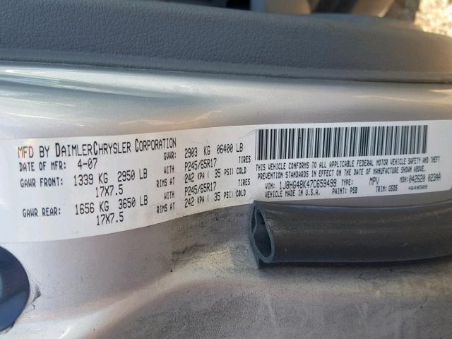 1J8HG48K47C659499 - 2007 JEEP COMMANDER SILVER photo 10