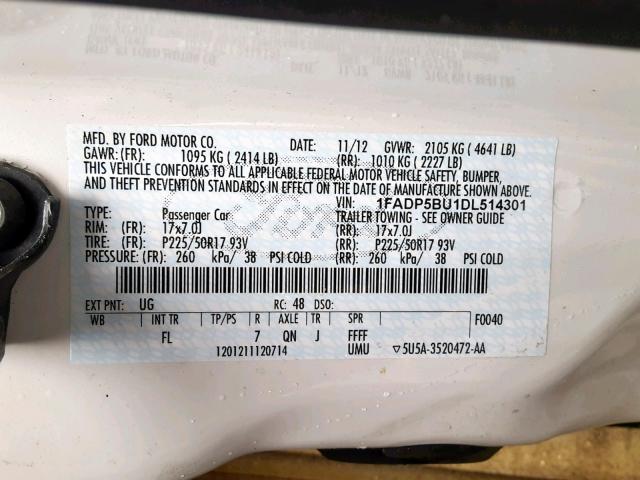 1FADP5BU1DL514301 - 2013 FORD C-MAX SEL WHITE photo 10