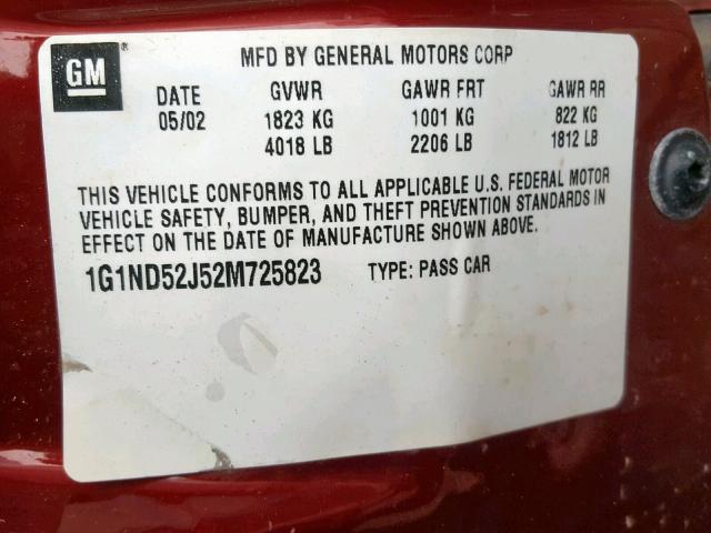 1G1ND52J52M725823 - 2002 CHEVROLET MALIBU RED photo 10