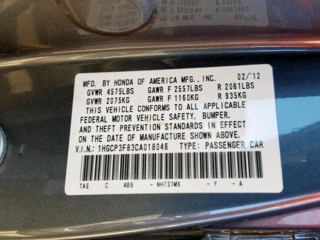 1HGCP3F83CA018046 - 2012 HONDA ACCORD EXL GRAY photo 10