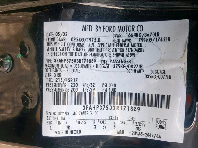 3FAHP37503R171889 - 2003 FORD FOCUS BLACK photo 10