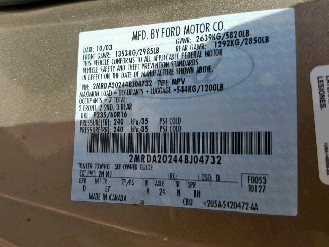 2MRDA20244BJ04732 - 2004 MERCURY MONTEREY GRAY photo 10