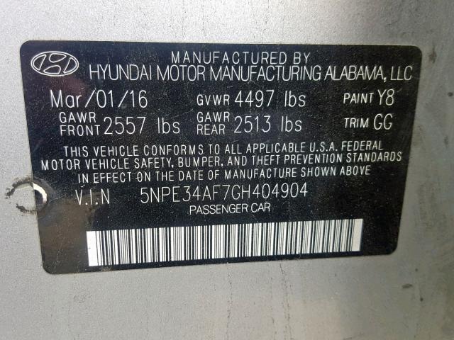 5NPE34AF7GH404904 - 2016 HYUNDAI SONATA SPO SILVER photo 10