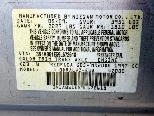 3N1AB61E59L672618 - 2009 NISSAN SENTRA 2.0 SILVER photo 10