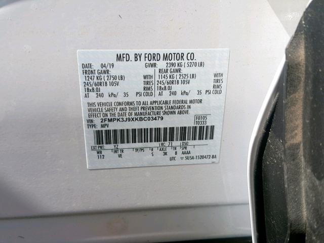 2FMPK3J9XKBC03479 - 2019 FORD EDGE SEL WHITE photo 10