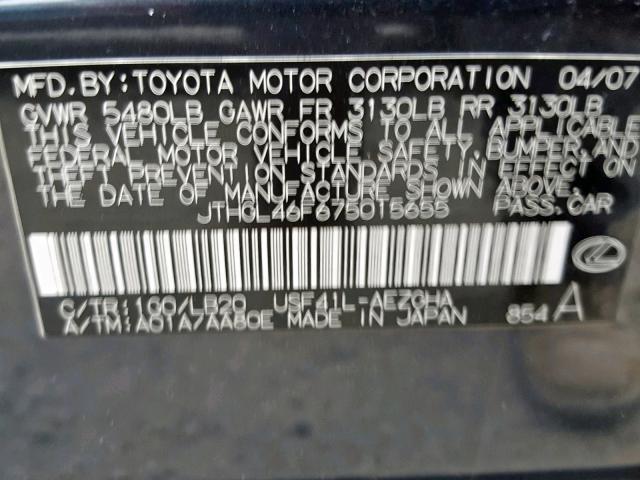 JTHGL46F675015655 - 2007 LEXUS LS 460L BLACK photo 10